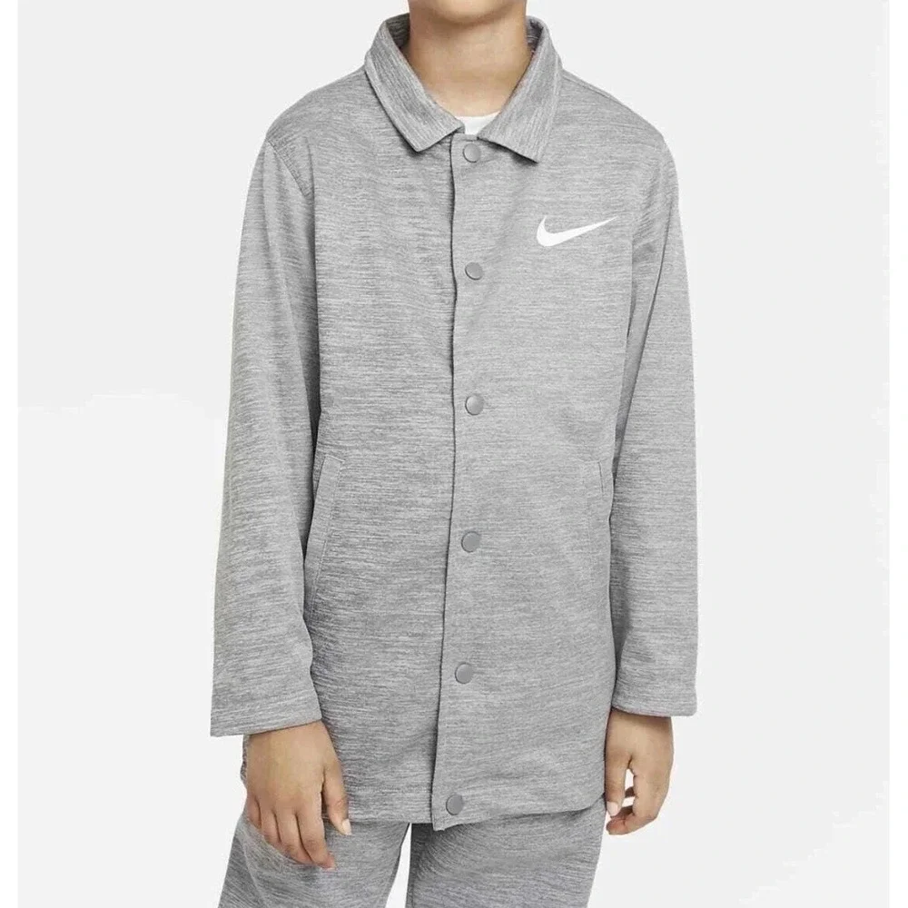 Kids Nike‎ Therma Fit Gray Button Up Coaches Jacket Big Boys Collared Size S 8-9